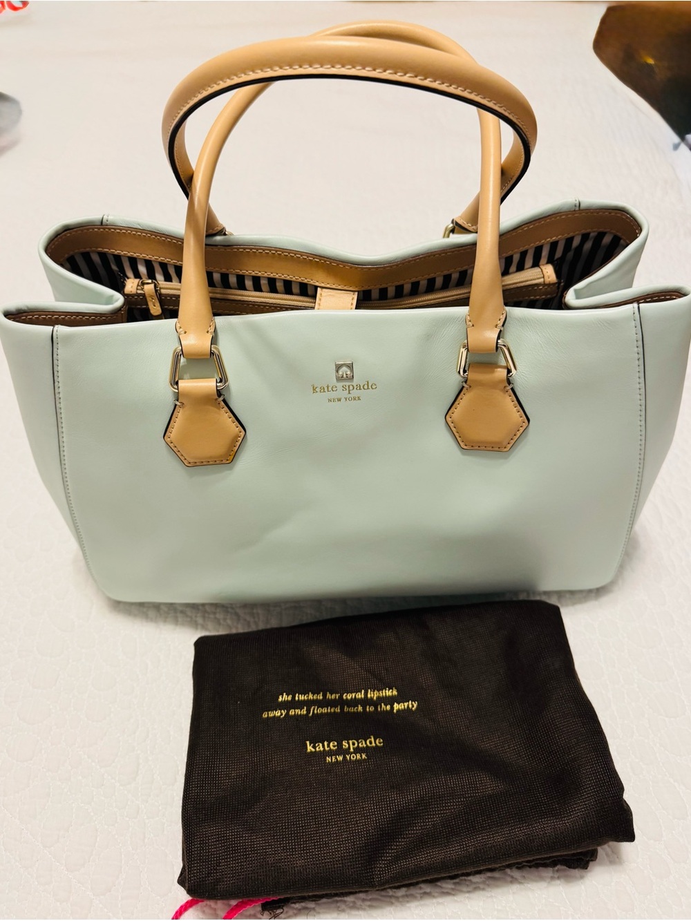 kate spade Mint and Tan Leather Tote with Striped Interior